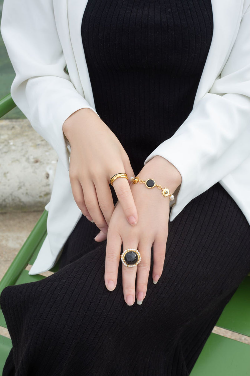 Destiny Black Onyx and Pearl Cocktail Signet Ring Mamour Paris jewellery