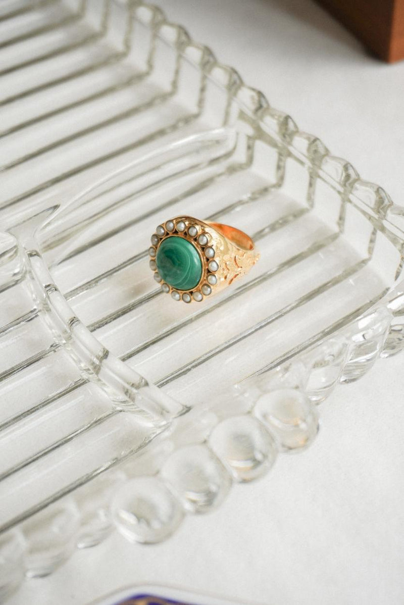 Octavie Malachite Gemstone & Pearl Signet Ring Mamour Paris Jewelry