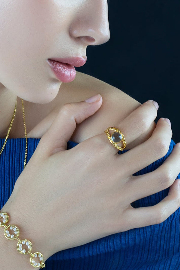 Sophie Blue Topaz Braided Signet Ring Mamour Paris Jewelry