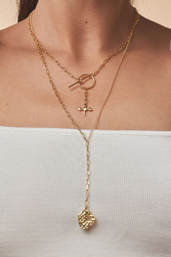 Textured Gold Link Chain Lariat Necklace Mamour Paris jewellery