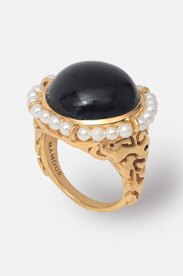 Destiny Black Onyx and Pearl Cocktail Signet Ring Mamour Paris jewellery
