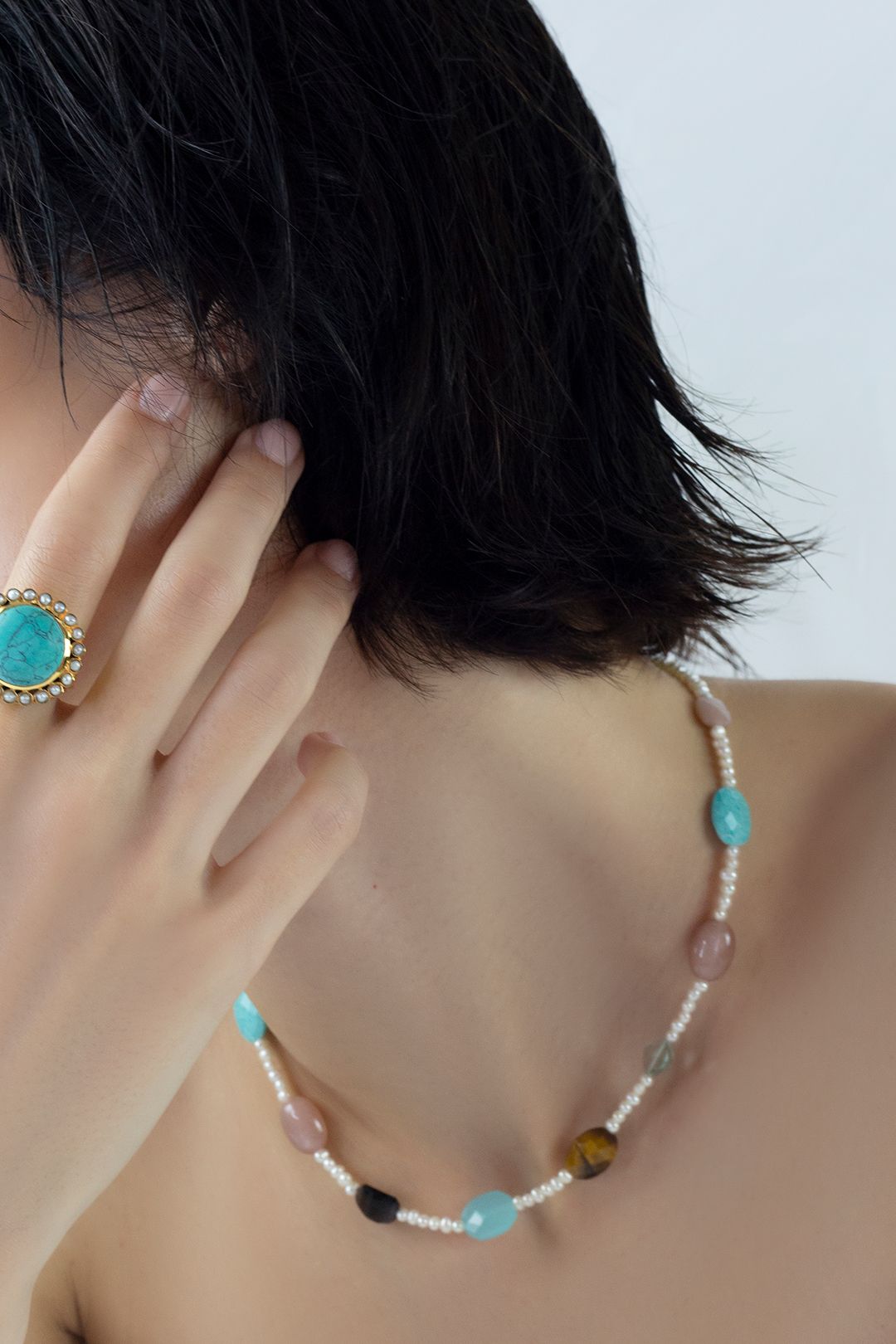 Diana Multi Gemstones & Pearl Choker Necklace Mamour Paris Jewellery