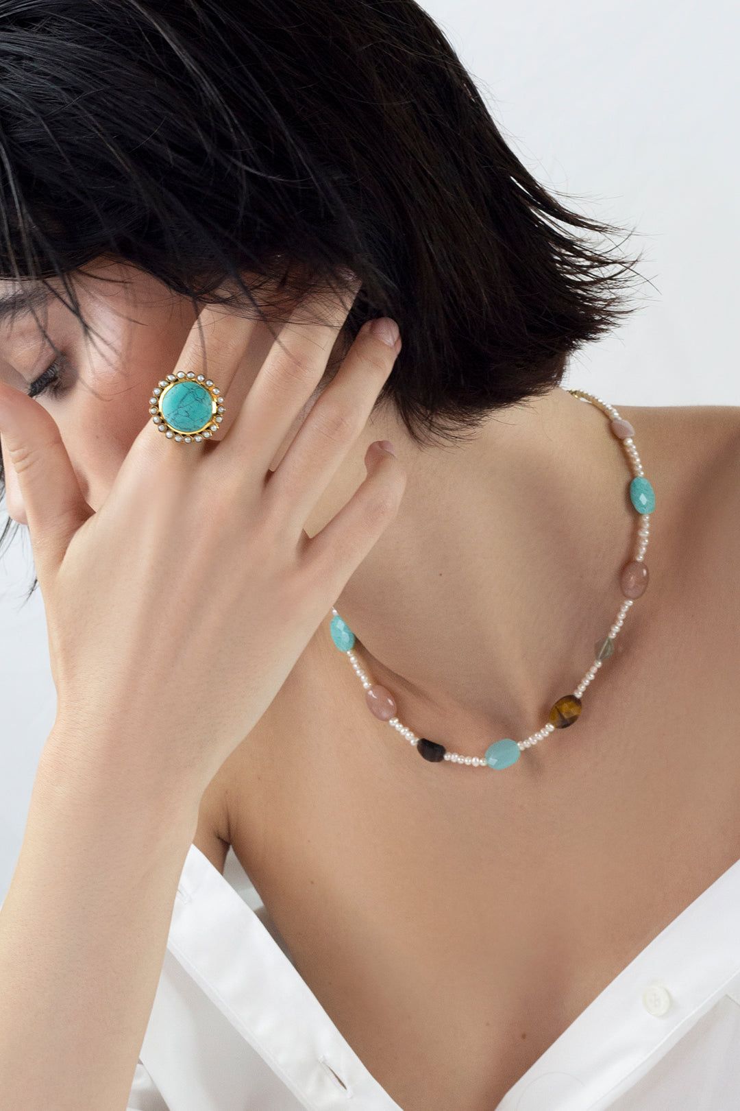 Diana Multi Gemstones & Pearl Choker Necklace Mamour Paris Jewellery