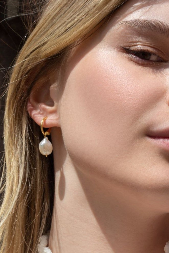 Emiri Organic Pearl Drop Mini Hoop Earrings Mamour Paris Jewelry