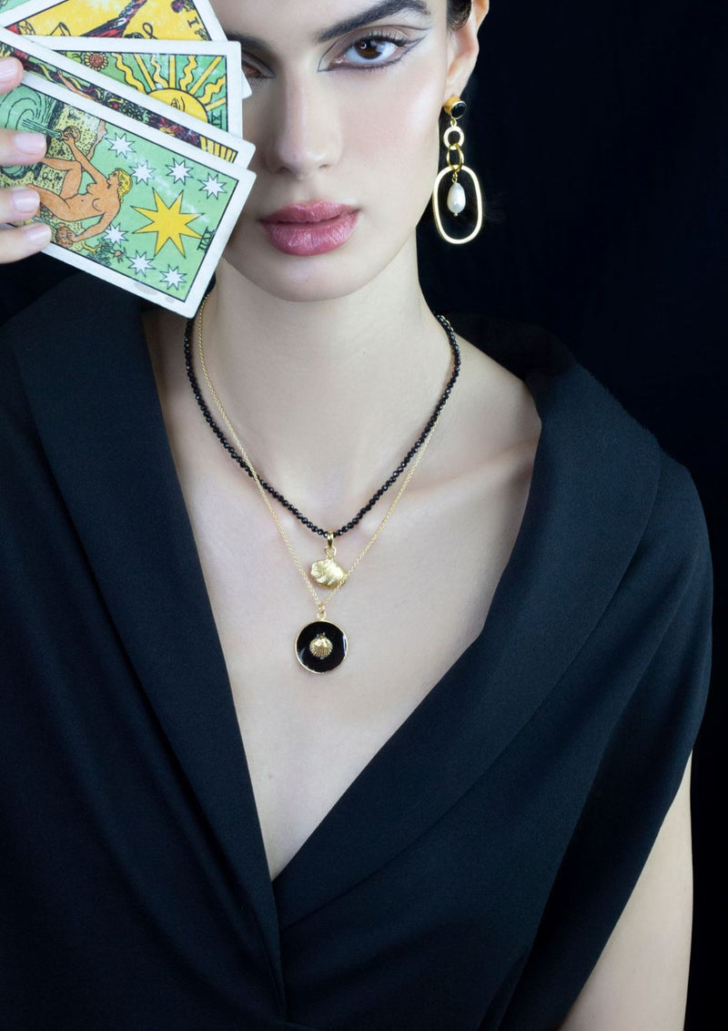 Hematite black enamel 18k gold shell pendant necklace Mamour Paris Jewelry