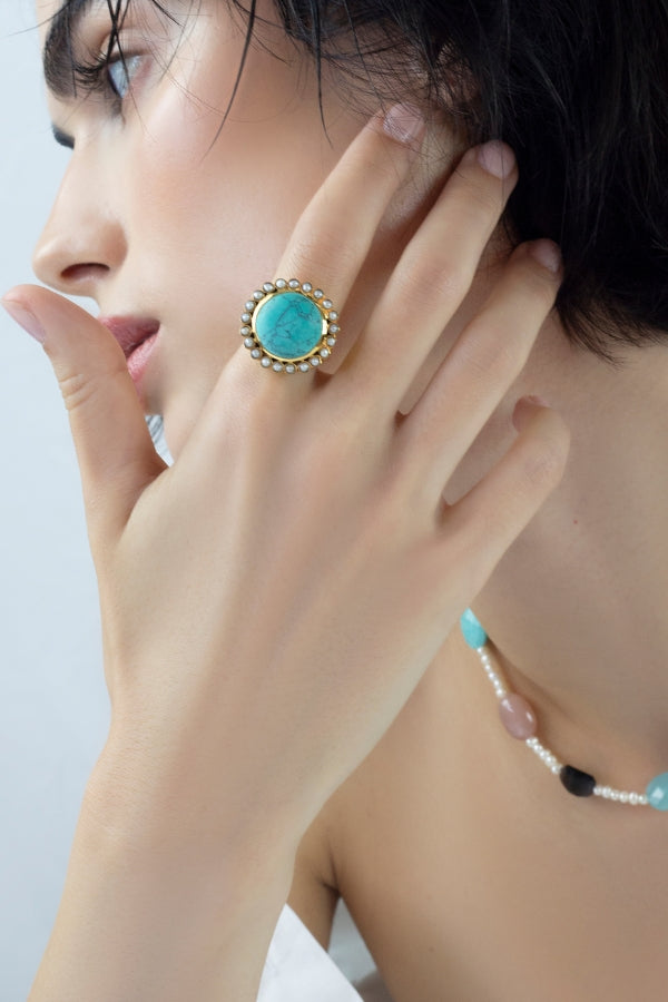 Muriel Turquoise Gemstone & Pearl Cocktail Signet Ring