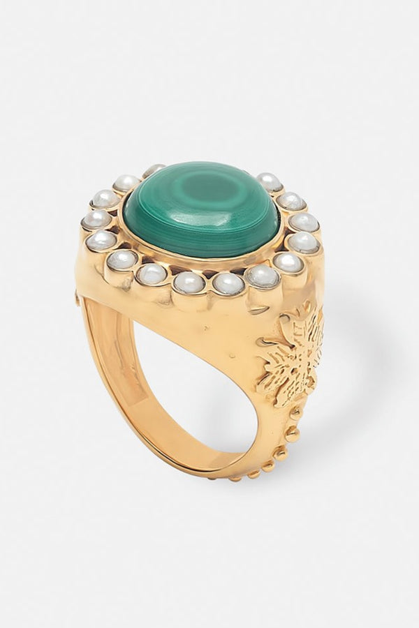 Octavie Malachite Gemstone & Pearl Signet Ring Mamour Paris Jewelry