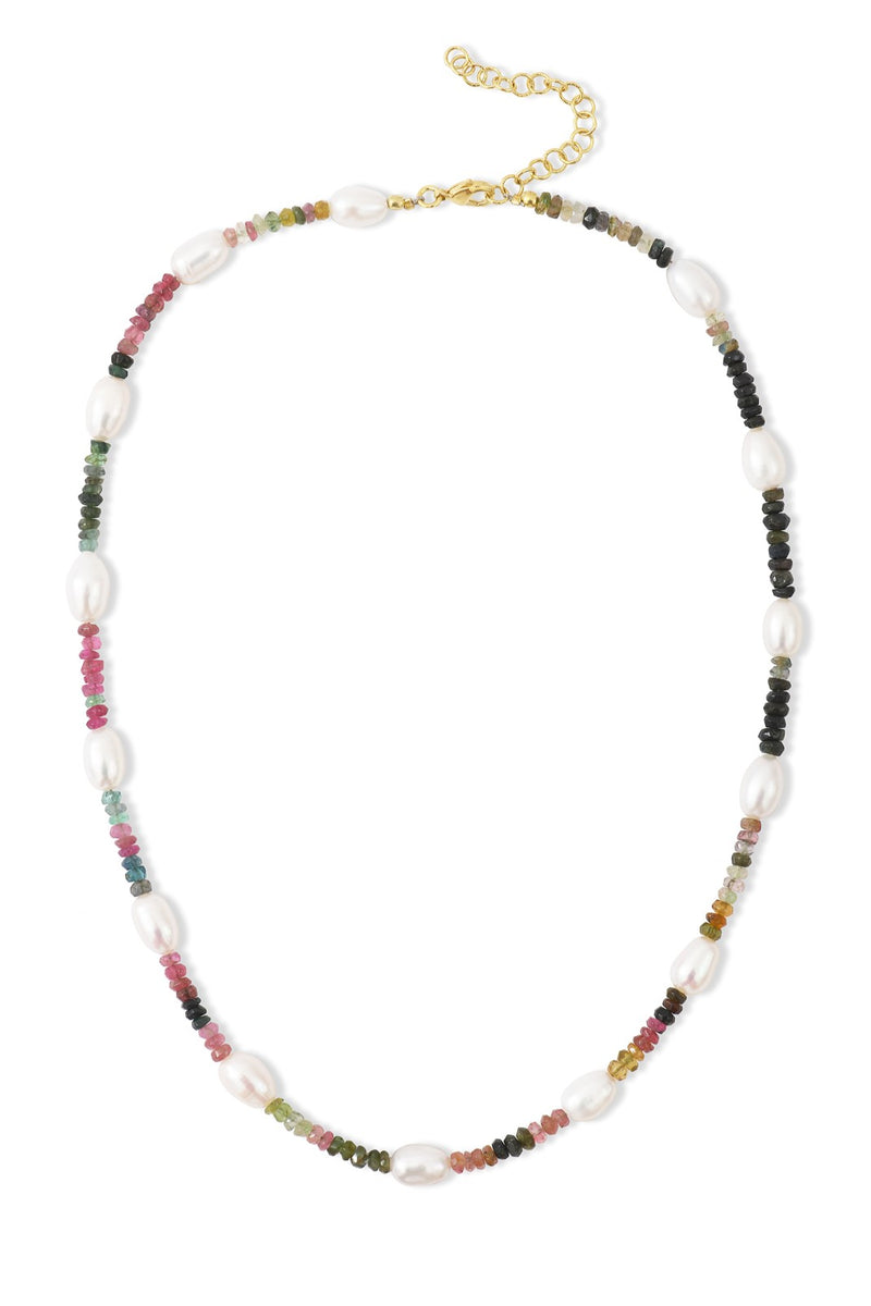 St Tropez Multi Tourmaline and Pearl 18k gold necklace Mamour Paris Jewelry