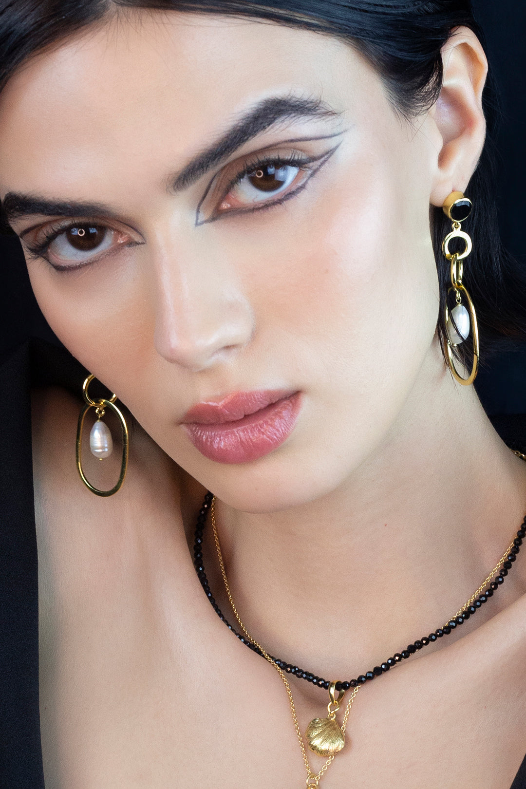 Rochelle Pearl & Onyx Gemstone Drop Earrings Mamour Paris Jewellery